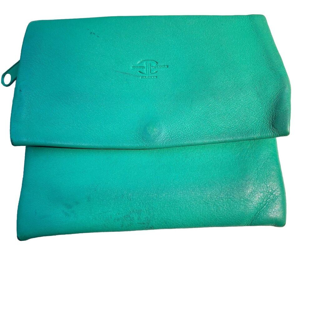 JENNIFER TATTANELLI Green Leather Wallet Coin Purse Yellow Suede Inside READ
